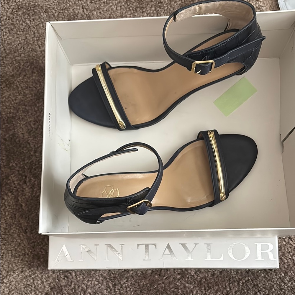 Ann Taylor Navy Blue Sandals with Gold Accents